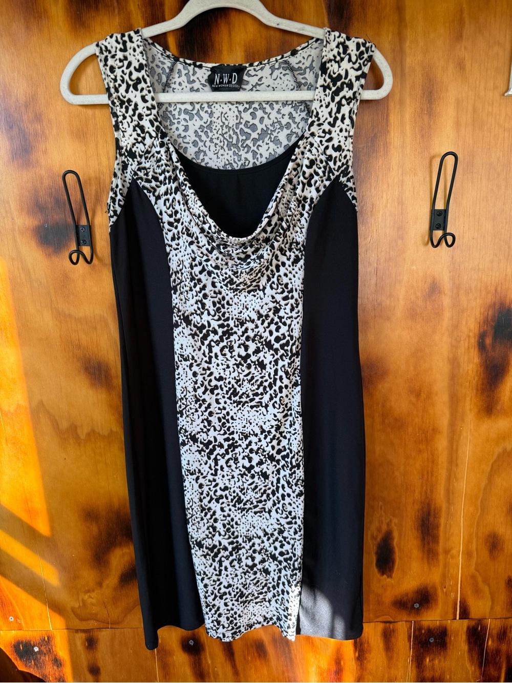 N•W•D Black & White Animal-Print Midi Dress with Cowl Neck